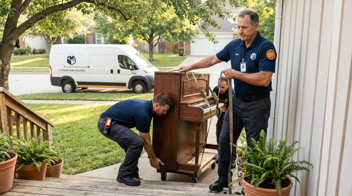 Licensed piano movers securing grand piano in Bessemer City, NC