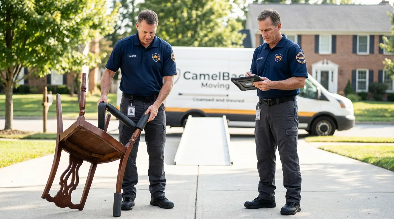 Movers inspecting furniture for damage prevention before loading in Bessemer City, NC