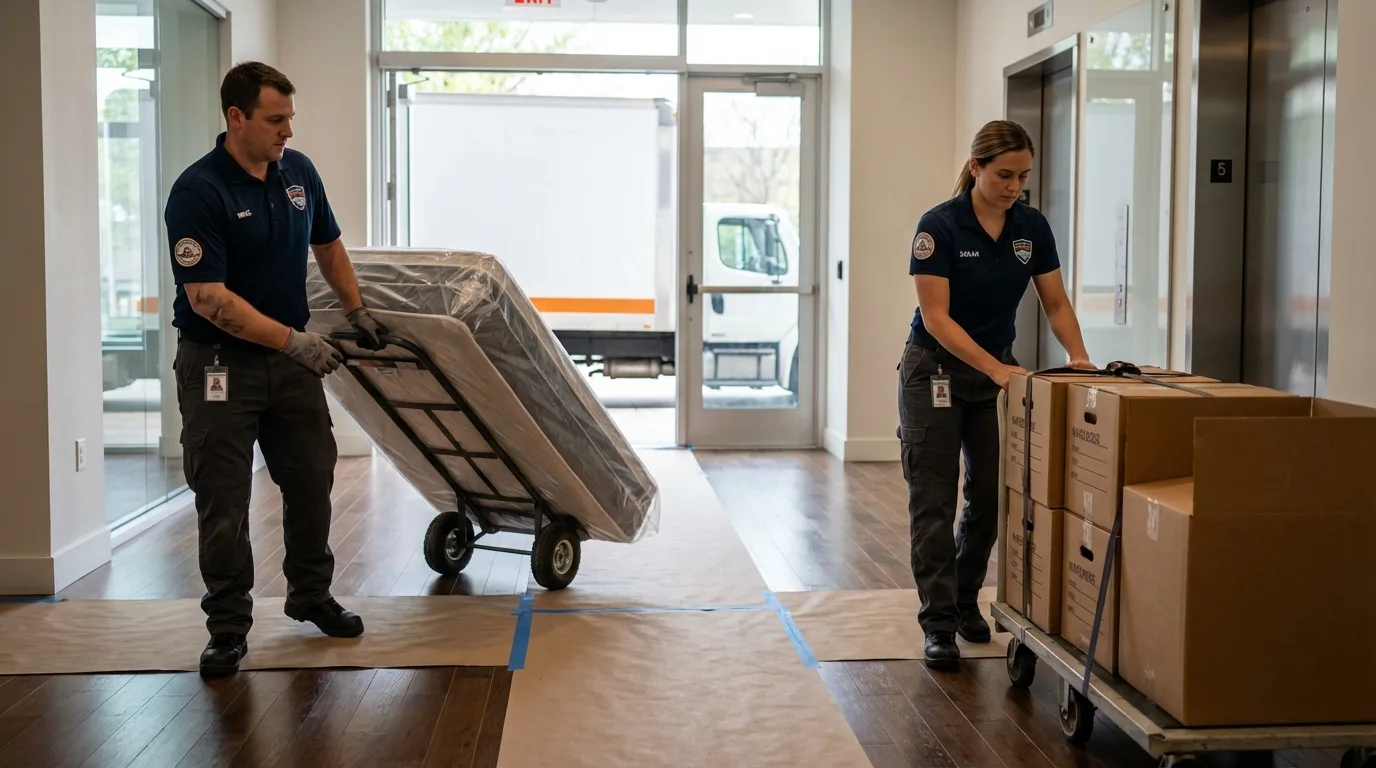 Professional apartment movers loading elevator in Bessemer City, NC