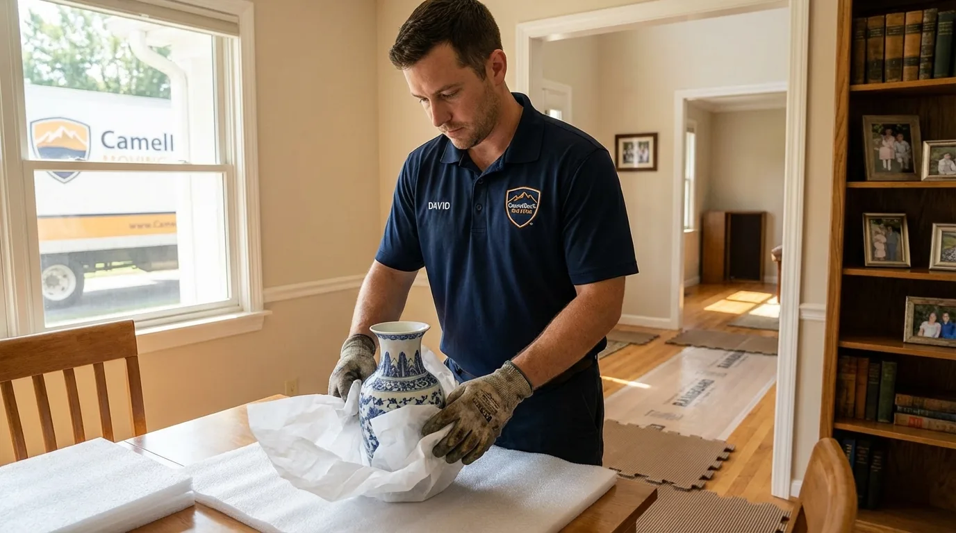 Professional crew carefully wrapping antique vase for senior downsizing move in Bessemer City, NC